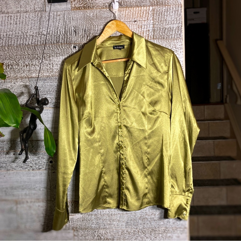 le chateau Olive Green Satin Button-Down Blouse